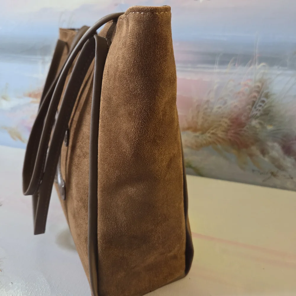 Brown Suede Tote Bag with Logo Accent - Picture 8 of 10